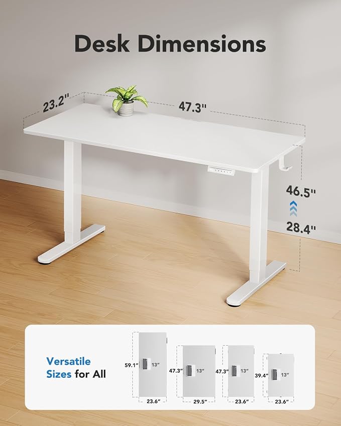 HUANUO Electric Standing Desk, Whole Piece Desktop, Adjustable Height Computer Desk, 4 Height Memory Settings, Sit Stand Up Desk for Home Office, 48" x 24", White
