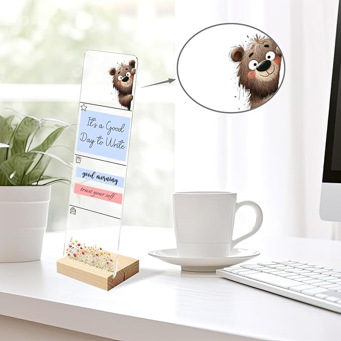 Sticky Note Holder, Monitor Memo Board, Acrylic Post It Note Holder with Wooden Base, Includes 200 Notes, Desk Organizer for Office Cute Bear Design