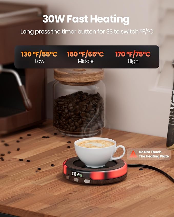 Gaiatop Coffee Mug Warmer for Desk, 3 Temp Settings, 2-9Hrs Timer, 3 Colorful Romantic Atmosphere Light Modes, Stocking Stuffers, Beverage Heating Plate with Digital Display for Candle Tea Milk Wood
