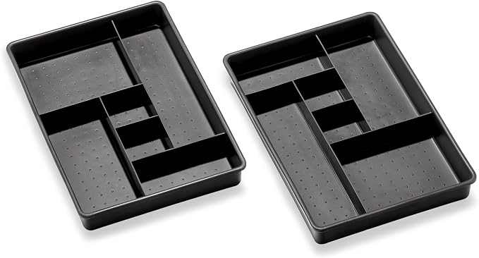 madesmart Classic 2 Piece Drawer Organizer, Granite | rounded corners, 12 compartments, open sections, cords tech accessories, office craft supplies, woman owned