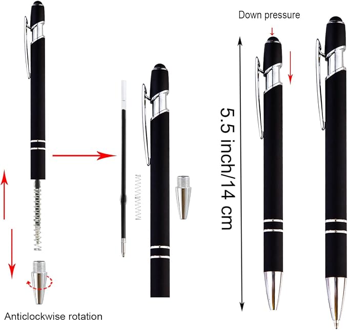PASISIBICK 12-Piece Black Ballpoint Pen with Stylus Tip, 2 in 1 Stylish Metal Touch Screen Pen - Black Ink, 1.0 mm Medium Point - 5.5 x 0.4 inch / 14 x 1 cm