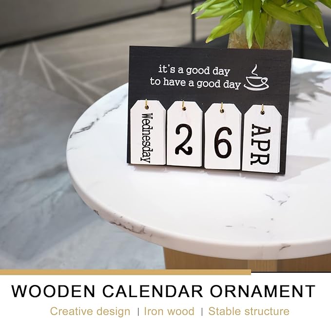 Notakia Perpetual Flip Calendar Wooden Desk Calendar - Vintage Date Blocks for Desk, with Month & Day Display, Wooden Block Calendar for Home Office Accessories (Flip Black)