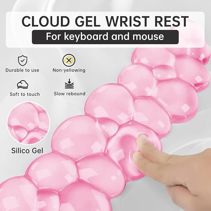 Mouse Pad with Wrist Rest, Soft Cloud Gel Keyboard Mouse Pad Set with Hand Wrist Support, Cute Non Slip Office Desk Accessories for Comfort/Pain Relief/PC Gaming/Computer/Laptop, (Pink Cloud)