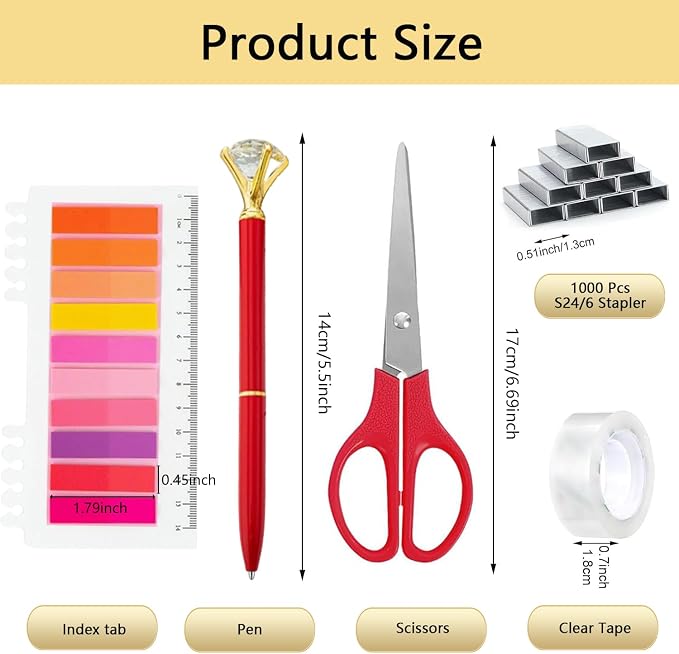 Office Supplies,Red Desk Accessories,Office Supplies Set,Desk Organizer,Stapler,Tape Dispenser,Scissors,Staple Remover,Binder Clips,Staples,Ballpoint Pen,Index Tabs with Ruler,Clear Tape.10pcs
