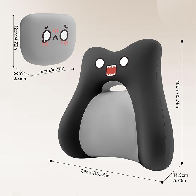 BEBAS Lumbar Support Pillow for Car & Office Chair - Ergonomic Back Support Cushion with Adjustable Memory Foam Bolster, Cute Cartoon Design, Lower Back Pain Relief for Driving & Desk Work - Black