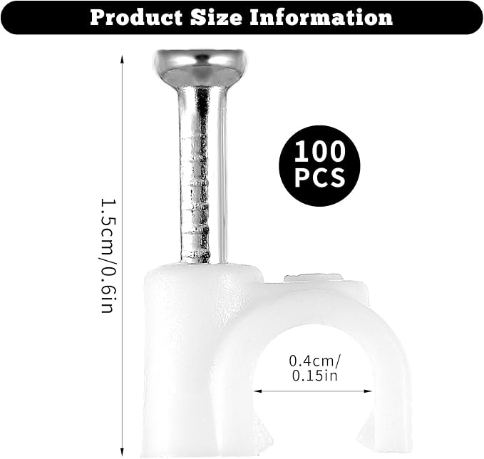 Andibro 100-pack Cable Clips with Steel Nails, 4mm Wire Wall Clips Cable Clip Nail Cables Wire's Cord Management Clip for Wires Ethernet Telephone Home Desk TV Wire Computer(Fit wires Dia.≤ 4mm)