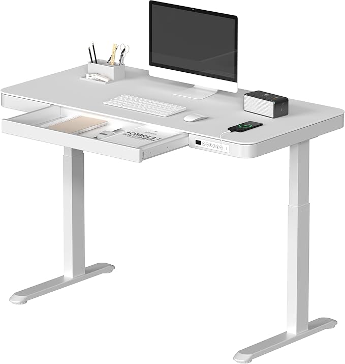 SANODESK Standing Desk with Drawer, Electric Height Adjustable Home Office Desk with Storage & USB Ports, 48 inch White Wood Tabletop/White Frame