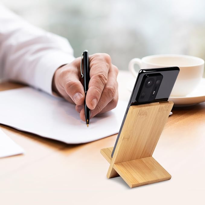 Mobile Stand Japanese Style Cellphone Holder Desktop Organizer Charging Station Compatible with All Smartphones Tablets Natural Bamboo Wood Portable Adjustable Angle (PATTERN-2HOLES)