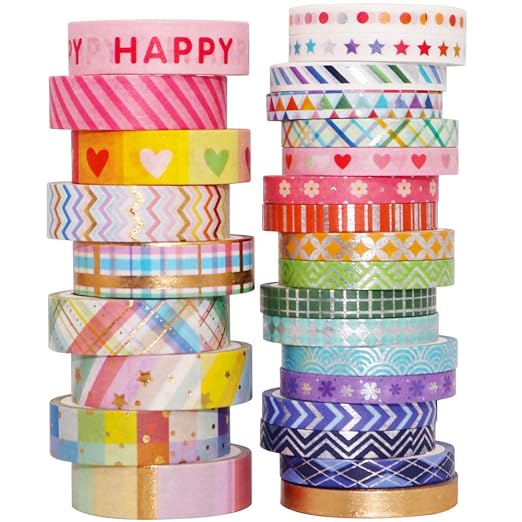 YUBBAEX Bright Mix Gold Washi Tape Set VSCO Foil Masking Tape Decorative for Arts, DIY Crafts, Journal Supplies, Planners, Scrapbook, Card/Gift Wrapping -5/10mm- (Rainbow 27 Rolls)