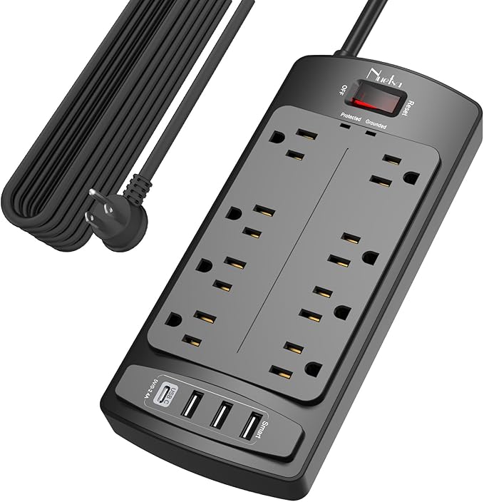 Surge Protector Power Strip - Nuetsa Flat Plug Extension Cord with 8 Outlets and 4 USB Ports, 20 Feet Power Cord, 2700 Joules, ETL Listed, Black