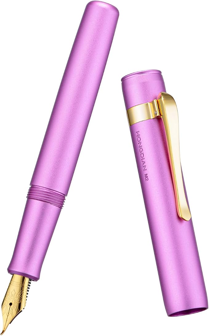 HONG DIAN M2 Mini Fountain Pen with Bent Nib, Sleek Shape Aluminium Short Pocket Travel Pen (Lilac Purple)