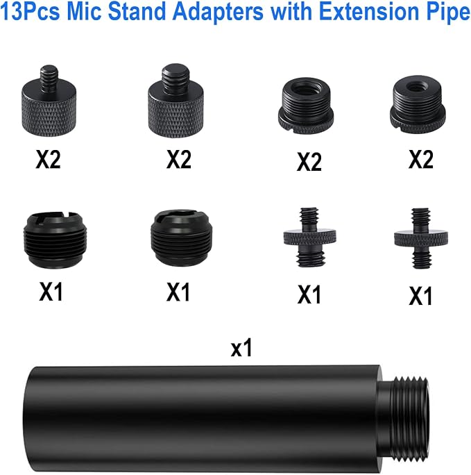 13 Pack Microphone Stand Adapter Screws with Extension Tube,Black Aluminum Alloy,3/8 to 5/8 and 1/4 Threaded Screw Mount for Mic Boom Arm,Camera Tripod,Projector Stand Arm,Fill Light