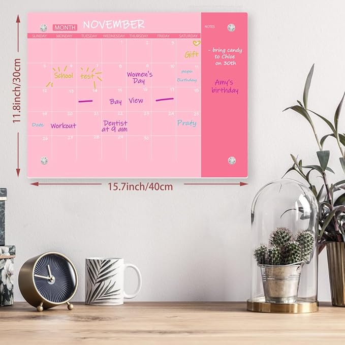 Glass Dry Erase Whiteboard,Monthly Calendar Whiteboard,12" x 16",Frameless Glass White Board for Home,School,Office,Pink Surface(GlassA-PK-3040)