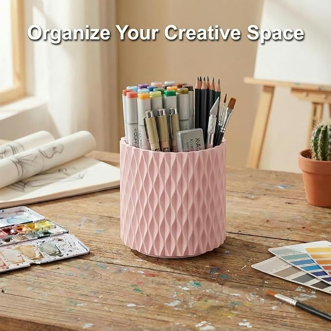 Pink Pen Holder for Desk, 360° Rotating Pencil Organizer, 5 Slots | Spinning multi-use organizer holds pens, makeup brushes, art supplies & markers — desk caddy for office, classroom or vanity
