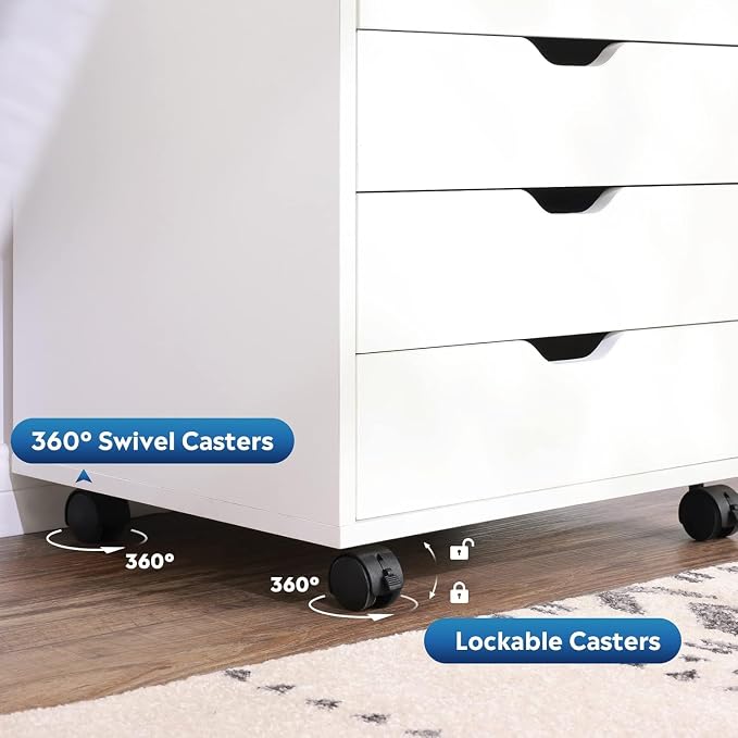 DEVAISE 5 Drawer Cabinet with 1 Door, Mobile Office File Cabinet, White | Wood Rolling Cart, Filing Drawers, Craft Storage Drawer Cabinet, Printer Stand, Home Office