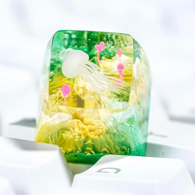 Jellyfish Artisan Keycap Yellow Green Ocean Reef - 1U ESC, R1 SA Profile Custom Handmade Resin Cherry MX Switch Key Cap Mechanical Keyboard, Cool Tech Gifts for Men, Dad, Father, Gamer, Sea Lover