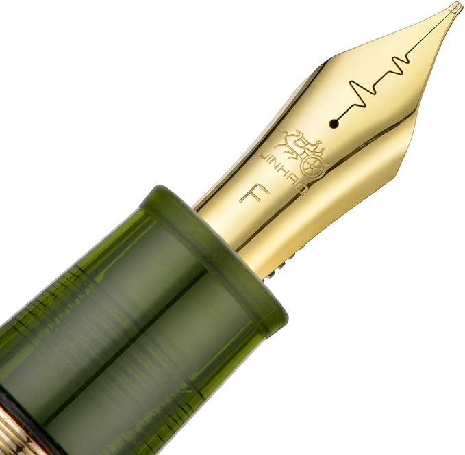 Jinhao 9019 DaDao Series Fountain Pen, Size 8 Fine Cardiogram Nib with Large Ink Converter, Transparent Olive Green Acrylic Design Smooth Writing Pen (Gold Trim)