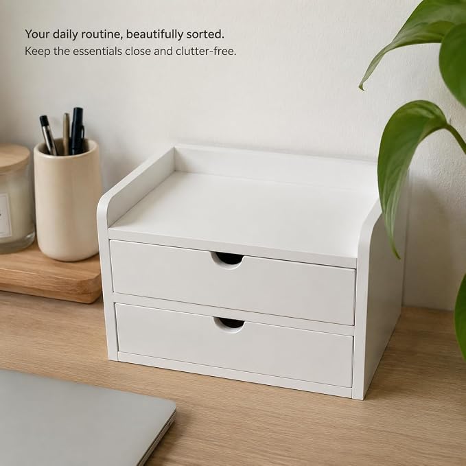 Desktop Organizer with 2 Drawers, Wooden Desk Shelf Storage Cabinet, Monitor Stand Riser for Office Supplies, Books & Accessories, Desktop Bookcase for Home Office, White