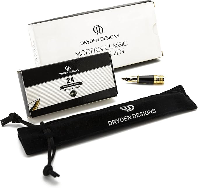 Dryden Designs Fountain Pen - Medium and Fine Nibs | Includes 24 Ink Cartridges and Ink Refill Converter | Calligraphy Pen, Consistent Writing, Smooth Flow - Emerald Green.
