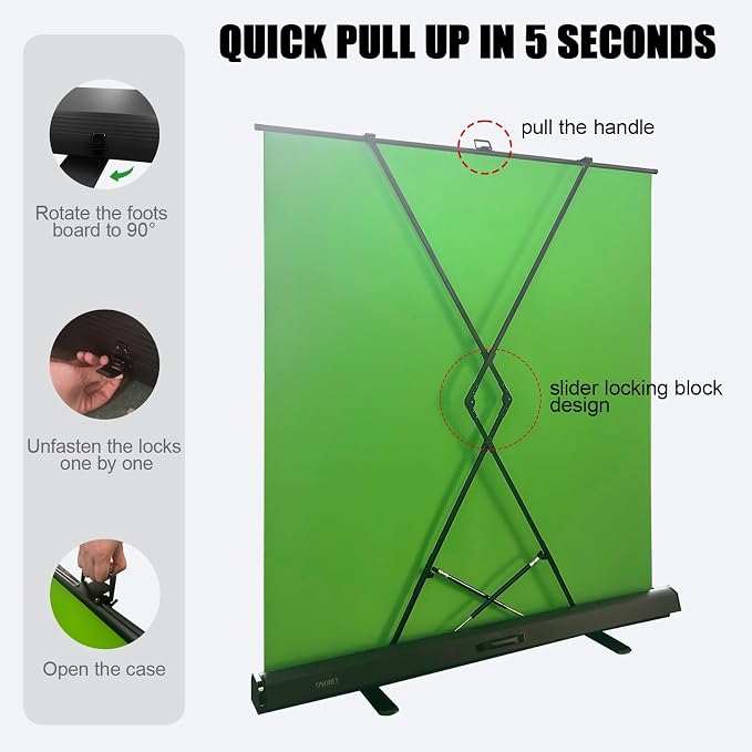 LIHONG 59.8x78.7in Pop Up Green Screen Collapsible Chroma Key Backdrop,Portable Retractable Photo Background with Stand for Tiktok Video, Live Game,Pull-up&Down Style