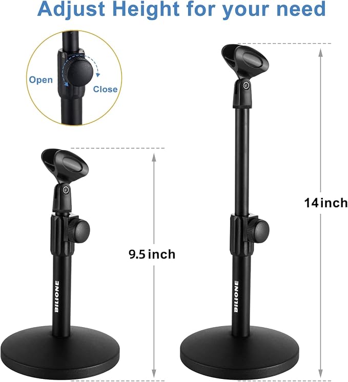 BILIONE Multifunctional Desktop Microphone Stand, Adjustable Mic Stand Desk with Pop Filter, Shock Mount, Microphone Clip, 5/8" to 3/8" Metal Screw Adapter