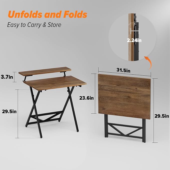 WOHOMO Folding Computer Desk with Adjustable Height, 23.6" x 31.5" x 25.6" Foldable Table with Monitor Stand, Small Office Desk for Bedroom, Space Saving Desk for Home Office, Easy Assemble, Walnut