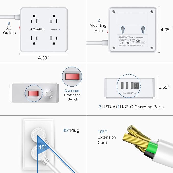 10Ft Surge Protector Power Strip - Flat Plug Extension Cord with 8 Widely Outlets and 4 USB Ports(1 USB C), 3 Side Outlet Extender for Home Office Dorm Room Essentials, White，ETL Listed