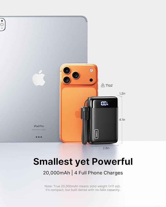 INIU Smallest 20000mAh Power Bank, 22.5W PD Fast Charging Portable Charger with Detachable Cable, Flight-Safe Battery Pack with LED Display for Travel Xiaomi iPhone 17 16 Samsung S26 Google iPad etc