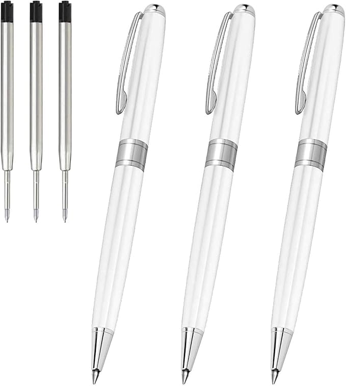Cambond Ballpoint Pens Black Ink - Weighted Metal Twist White Pens for Police Uniform Flight Attendant Business, 1.0 mm Medium Point Smooth Writing, 3 Pens with 3 Extra Refills (White)