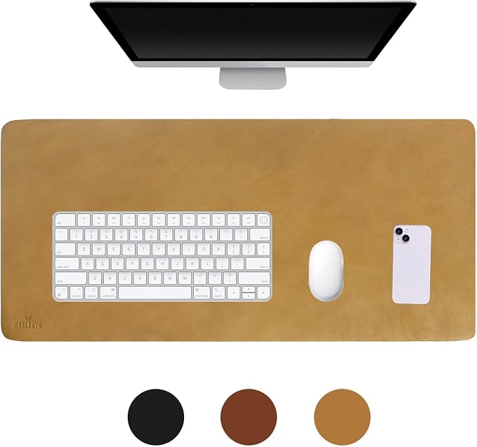 Premium Leather Desk Mat, Full Grain Leather Desk Pad Protector & Desk Blotter, Waterproof Non-Slip Writing Surface for Keyboard, Mouse & Laptop, Desk Pad for Home & Office (Tan, Medium)