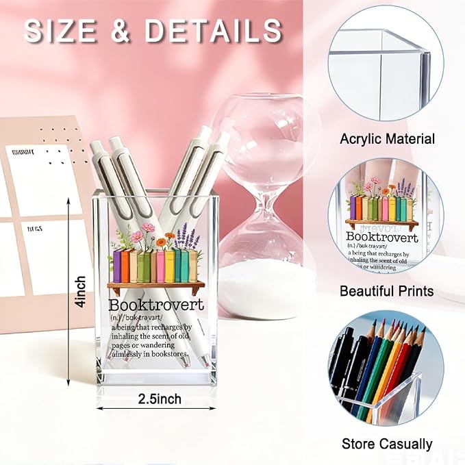 Booktrovert Acrylic Pencil Pen Holder Cup, Reading Book Club Makeup Brush Storage Organizer, Cute Bookish Desk Accessories Holder Gifts for Daughter Reading Lover Librarian Teacher Holders