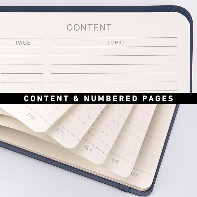 AHGXG Lined Journal Notebook, 160 Numbered Pages, A5 Medium Size (5.7'' x 8.3''), 120 GSM Thick Paper, for Men & Women, Journaling, Writing, Work & Office, Leather Hardcove (Blue)