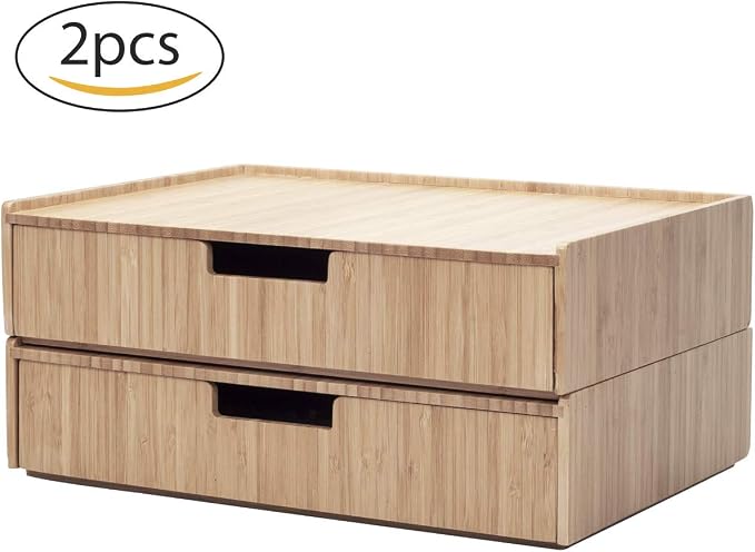 Mobilevision Large Bamboo Drawers (Set of 2) For Monitor Stand & Stackable Storage Solution for office products pens, pencils, scissors, notepads, business cards and more