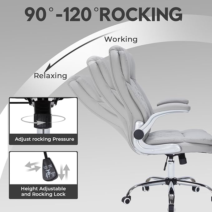 400lbs Executive Office Chair with Flip-Up Armrests, Big and Tall Computer Chair for Heavy People, Heavy Duty Ergonomic Comfy Chair, Breathable PU Leather (Grey)