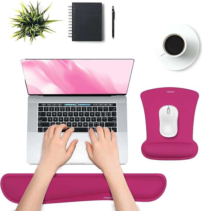 MOSISO Wrist Rest Support for Mouse Pad & Keyboard Set, Ergonomic Mousepad Non-Slip Base Home/Office Pain Relief & Easy Typing Cushion with Neoprene Cloth & Raised Memory Foam, Rose Red