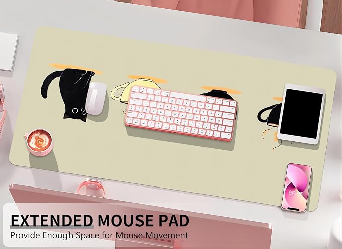 Bloss Leather Mouse Pad,Beige Anime Large Desk Pad, Cute Kawaii Cartoon Cat Desk Mats for Keyboard and Mouse,Clearance Overstock Limited Stock Discontinued Size 31.5" x 15.7"