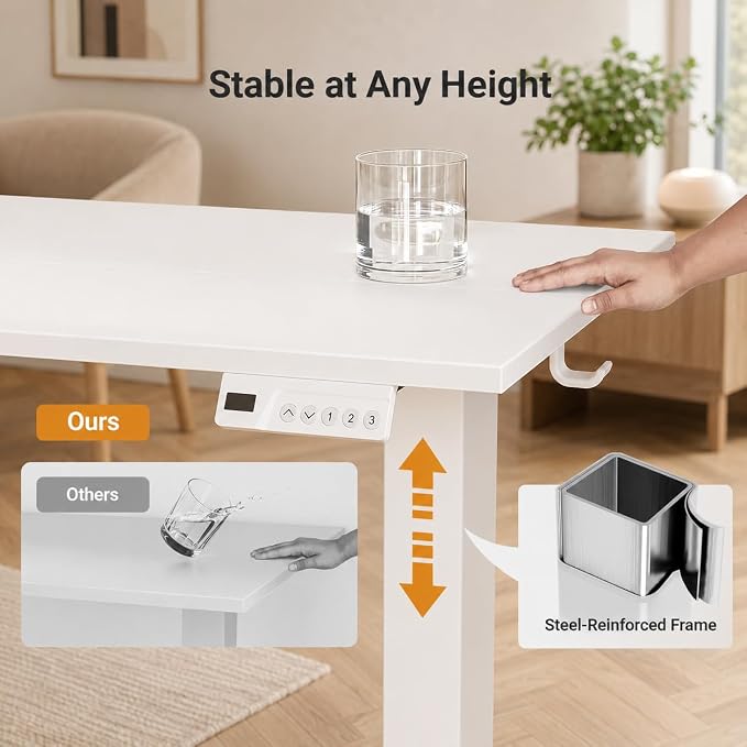 Claiks 55 x 24 Inch White Electric Standing Desk | Adjustable Height, Sit Stand, 3 Memory Presets, Cable Management, Spacious Ergonomic, Home Office & Bedroom