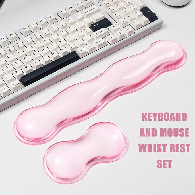 Ergonomic Silicone Gel Keyboard and Mouse Wrist Rest Set – Clear Wrist Rest for Keyboard 60%/68%/75%, Comfort & Support for Typing and Gaming(Pink)