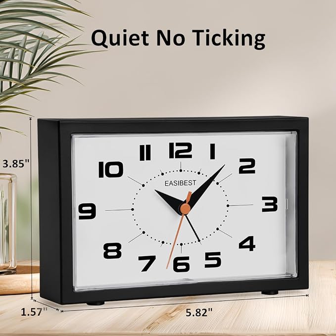 Silent No Ticking Analog Alarm Clock,Crescendo Alarm,Snooze with Light,Tablemount Wall Mount for Desk Bedside,Black