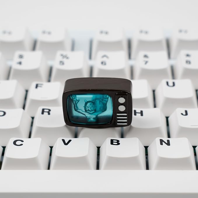 Retro TV Artisan Keycap, Transparent Turquoise Resin, 1.5U Size, Hand-Painted 3D Printed Design, Compatible with MX Switches, for Tab and Backslash Keys