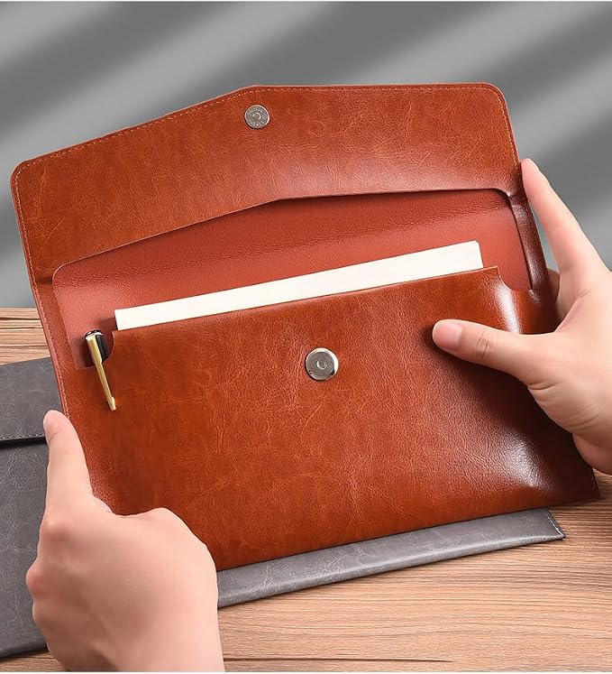 PU Leather A5 File Folder Document Holder A5 Envelope Folder with Snap Closure for Receipt 2Packs (Black&Brown)