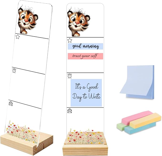 Sticky Note Holder, Monitor Memo Board, Acrylic Post It Note Holder with Wooden Base, Includes 200 Notes, Desk Organizer for Office, Cute Tiger Design