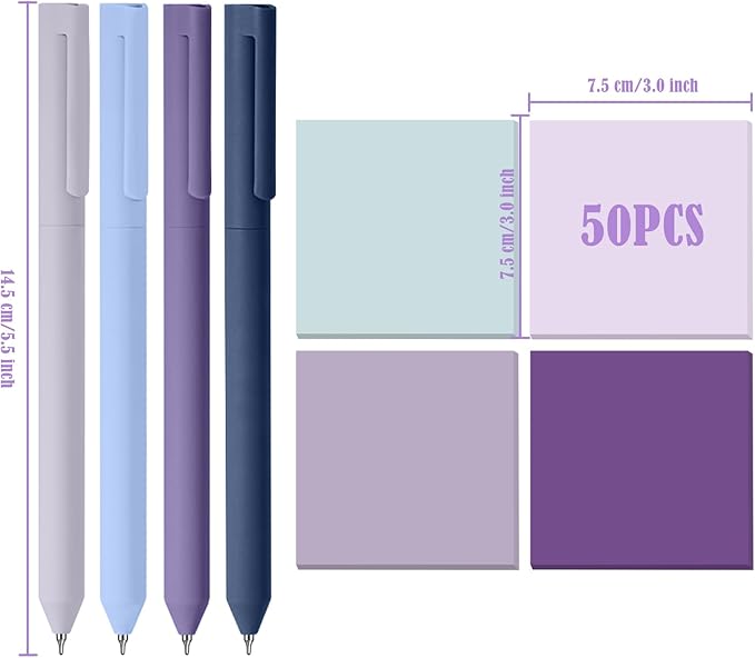 BAYTORY 320 Sheets Gradient Sticky Notes, 4 Pcs Rotatable Colored Gel Pens, Aesthetic Self-Stick Note & Multicolored Ink Pen, Colorful Memo Pads Easy to Post for Note Taking (Gradient Purple)