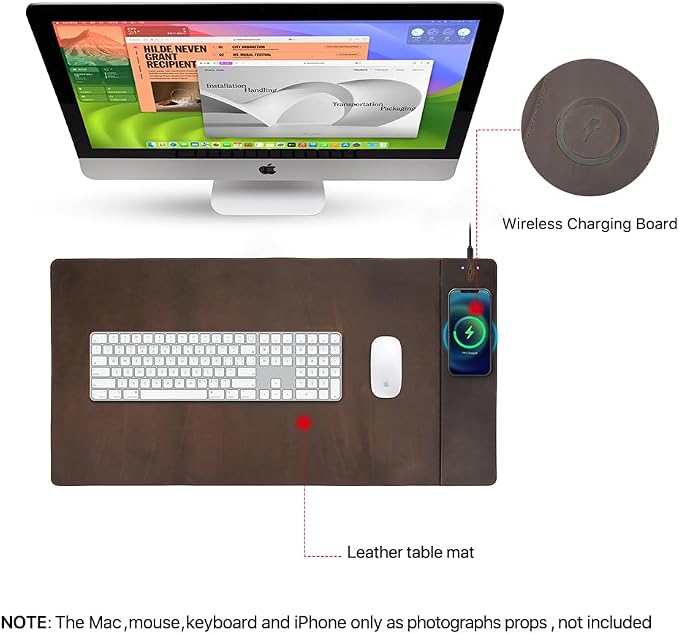 Hiram Crazy Horse Leather Desk Mat with 15W Wireless Charging - Waterproof and High-End Cowhide Texture for a Comfortable Office Experience(31in x 16in)