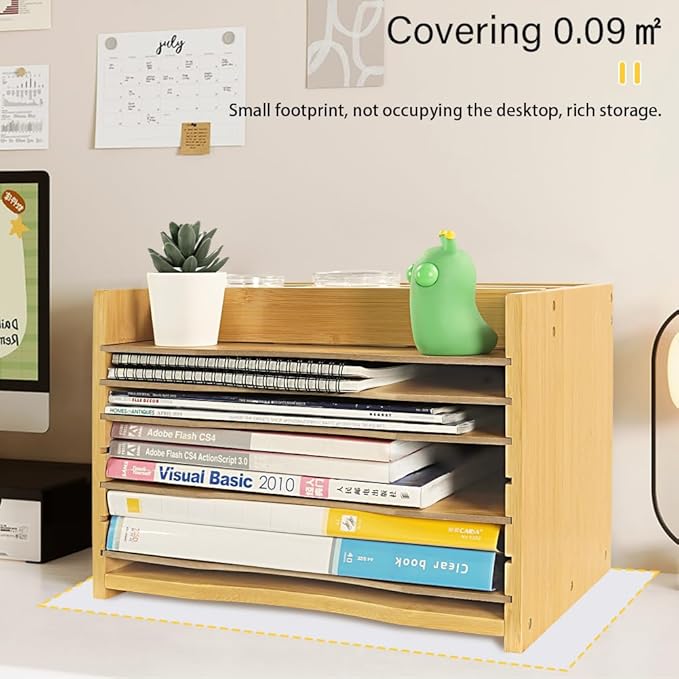 5-Tiers Bamboo File Organizer Paper Organizer Mail Sorter Document Letter Trays Desk Organizer with 4 Dividers for Office Home Study Desk Storage (Natural Color)