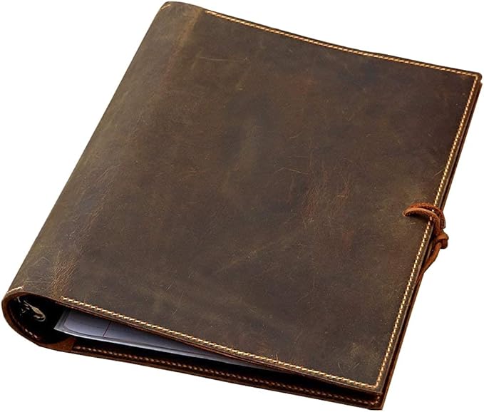 leather 2 inch 3 ring presentation binder portfolio organizer, vintage leather notepad document folder hard cover letter size