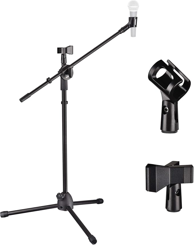 AW Adjustable Height Tripod Boom Microphone Stand Floor Dual Mic Clip Holder 90-degree Rotating Folding Type Boom Arm Tripod for Live Stream Stage
