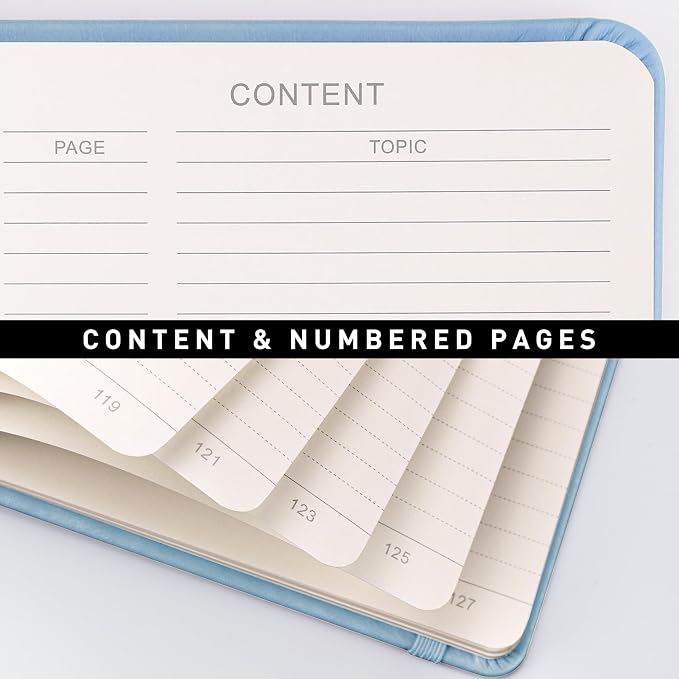 AHGXG Lined Journal Notebook, 160 Numbered Pages, A5 Medium Size (5.7'' x 8.3''), 120 GSM Thick Paper, for Men & Women, Journaling, Writing, Work & Office, Leather Hardcove (Light Blue)