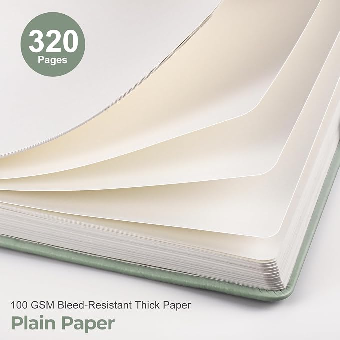 EMSHOI Blank Notebook Journal - 320 Pages, 100gsm Thick Paper, A5 Hardcover Leather, Art Sketchbook for Drawing, Unlined, Plain Sketch Book for Women Men Work Writing, 5.75 X 8.38, Green