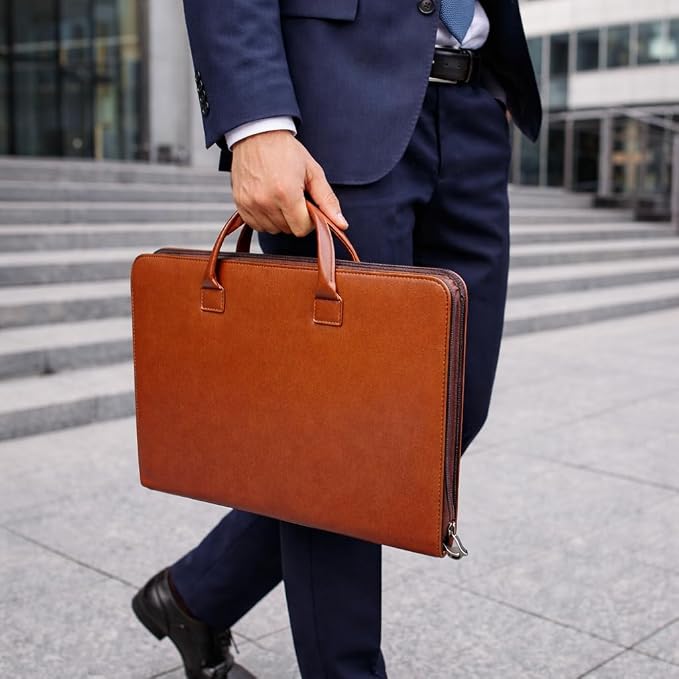 FUNTACY Leather Portfolio with Handles – Professional Business PU Leather Padfolio Organizer, Zippered Portfolio Binder for Documents, Resume, Notebook – Slim Leather File Folder for Men & Women